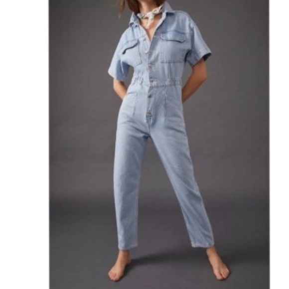 $565 Pinko Light Wash Blue Denim Relaxed Straight Leg Cottagecore Jumpsuit 2 - Picture 1 of 16